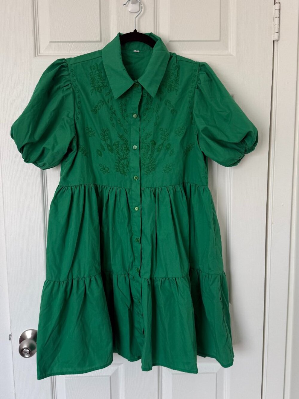 SHEIN Green Embroidered Tiered Puff Sleeve Smock Mini Dress Size Large